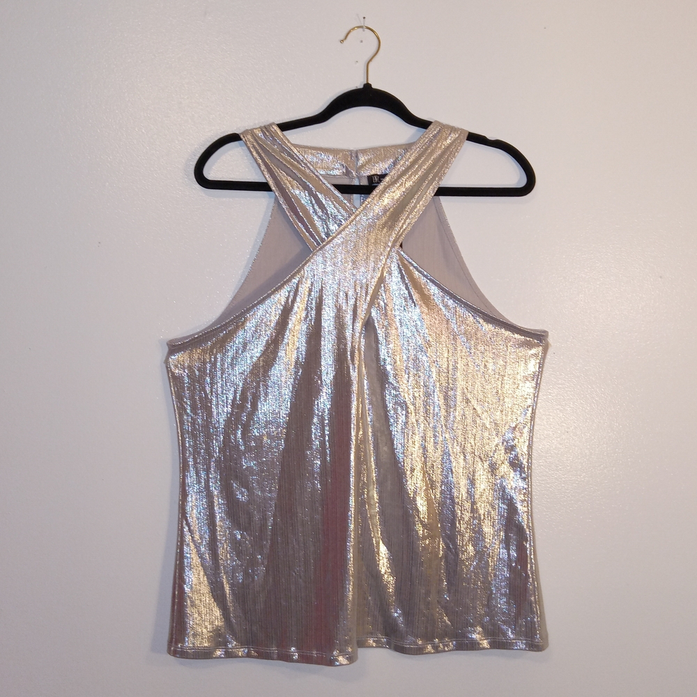 INC International Concepts Shimmering Silver Crossover Top